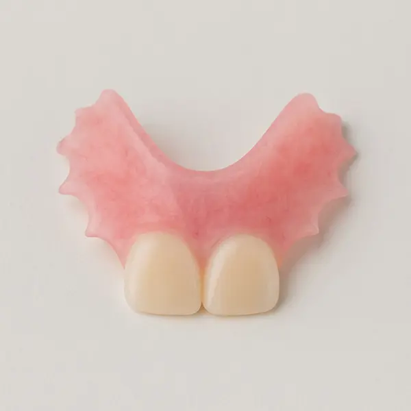 Dentalflipper Two-tooth dental flipper with a pink scalloped acrylic base on a light background