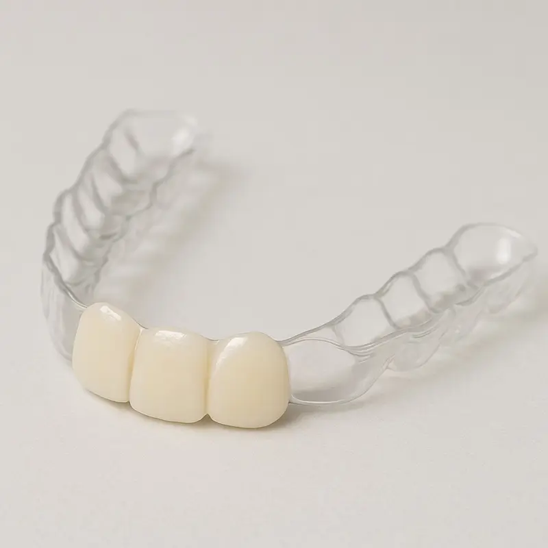 EssixRetainer Clear Essix retainer with three natural-looking prosthetic teeth on a light background