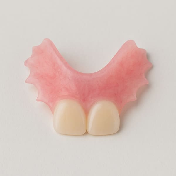 Two-tooth dental flipper with a pink scalloped acrylic base on a light background