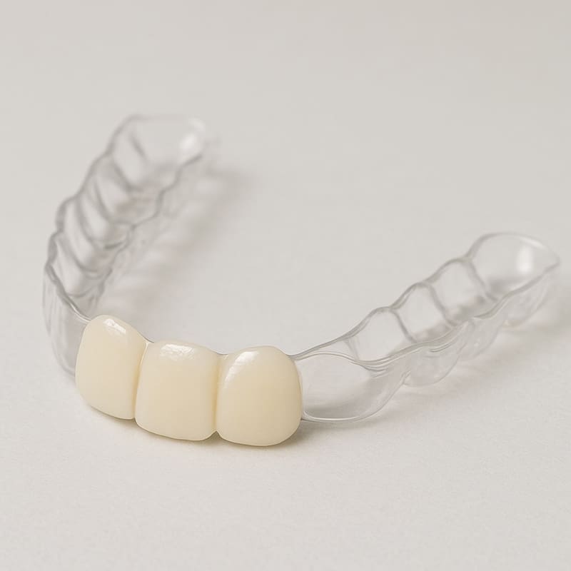 Clear Essix retainer with three natural-looking prosthetic teeth on a light background